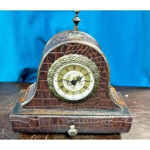 Vintage 1990s Faux LEATHER  Style Wooden World Map Clock With Pull- Out Drawer